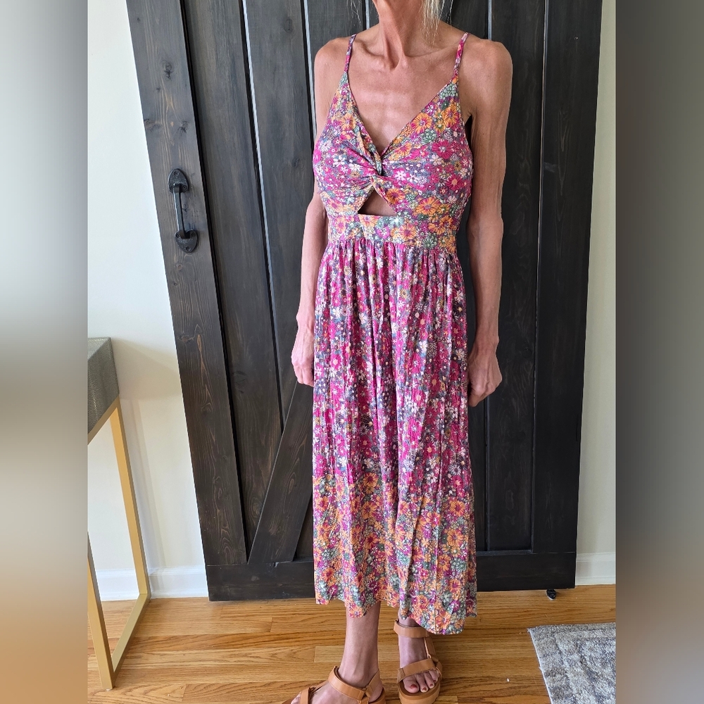 Angie Pink and Orange Twist Front Floral Midi Dress